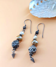Load image into Gallery viewer, ANTIQUE SILVER EARRINGS WITH FILIGRAN SPHERES AND GENUINE BEIGE AND WHITE PEARLS
