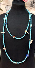Load image into Gallery viewer, NECKLACE VERY LONG TURQUOISE COLOUR LITTLE BEADS + MOTHER OF PEARL CHIPS + BLUE GLASS EYES + MILLEFIORI MURANO GLASS BEADS
