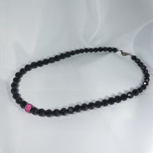 Load image into Gallery viewer, NECKLACE WITH BLACK BOHEMIAN RECTANGULAR CRYSTALS + CENTRAL SILVER BEAD WITH FUCHSIA ZIRCONIA
