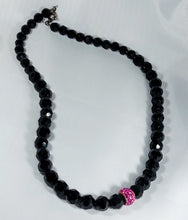 Load image into Gallery viewer, NECKLACE WITH BLACK BOHEMIAN RECTANGULAR CRYSTALS + CENTRAL SILVER BEAD WITH FUCHSIA ZIRCONIA

