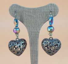 Load image into Gallery viewer, VINTAGE EARRINGS BRONZE PERFORATED HEARTS  WITH IRIDESCENT CRYSTALS
