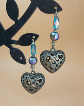 Load image into Gallery viewer, VINTAGE EARRINGS BRONZE PERFORATED HEARTS  WITH IRIDESCENT CRYSTALS
