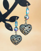 Load image into Gallery viewer, VINTAGE EARRINGS BRONZE PERFORATED HEARTS  WITH IRIDESCENT CRYSTALS
