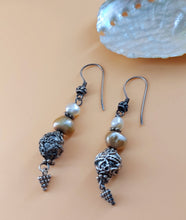 Load image into Gallery viewer, ANTIQUE SILVER EARRINGS WITH FILIGRAN SPHERES AND GENUINE BEIGE AND WHITE PEARLS
