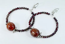 Load image into Gallery viewer, STAINLESS/SILVER-PLATED EARRINGS, HANGING HOOPS WITH AGATES AND IRIDESCENT CRYSTALS
