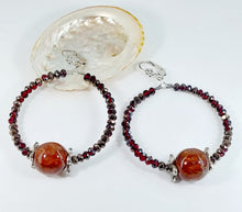 Load image into Gallery viewer, STAINLESS/SILVER-PLATED EARRINGS, HANGING HOOPS WITH AGATES AND IRIDESCENT CRYSTALS

