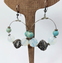 Load image into Gallery viewer, EARRINGS ANTIQUE SILVER-PLATED, HANGING HOOPS 4CM DIAM, CRYSTAL MOONSTONE 
