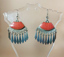 Load image into Gallery viewer, SILVER EARRINGS ETHNIC,  HANDMADE, WITH DARK ORANGE CORAL
