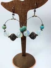 Load image into Gallery viewer, EARRINGS ANTIQUE SILVER-PLATED, HANGING HOOPS 4CM DIAM, CRYSTAL MOONSTONE 
